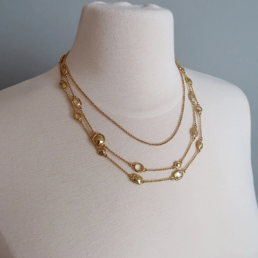 Vintage 3-Strand Gold Bazel Chain Stone Necklace - Picture 3 of 6
